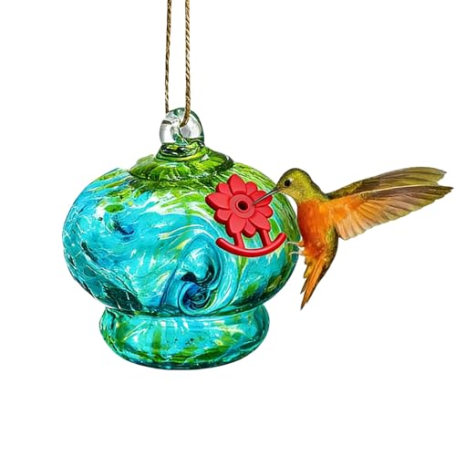 2.9" Small Blown Glass Hummingbird Feeder for Outdoors Hanging | Hummingbird Feeder with Flower Feeding Ports, Bird Feeder for Outside Garden Backyard Decor, Gifts for Women Mom Turquoise - color: Turquoise