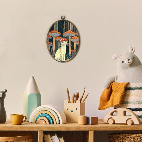 EGVQK Vintage Funny Cat Oval Wall Art, Whimsical Cat with Mushroom Hat Framed Canvas Prints Wall Art, Retro Quirky Dark Academia Oval Canvas Hanging Decor for Bedroom Living Room Home, 8.5x11.5in - color: animal_13