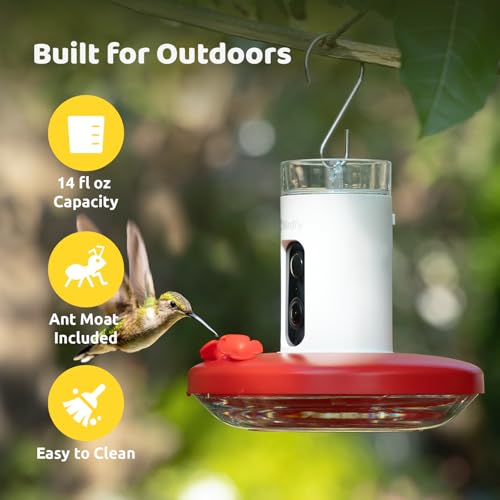 Hummingbird Feeder with Camera & Solar Panel, Smart Bird Feeder with AI Recognition & Capture on Outdoors, Gardens, Easy to Clean, 14oz Capacity, SE | Smart Humming bird Feeder for Record, AI Bird Identification, 1080P, Ant Moat & Bee Proof, Gift for Bird