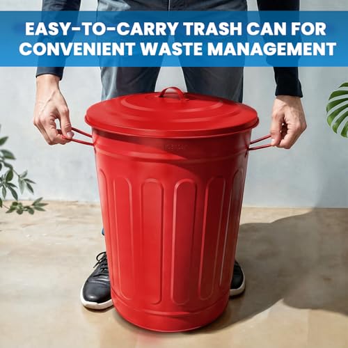 Plexon Metal Trash Can with Lid 13 Gallon, Decorative Outdoor Trash Can Heavy Duty Galvanized Metal Bucket with Lid for Garage Workshop Storage Farmhouse, Red - color: Red