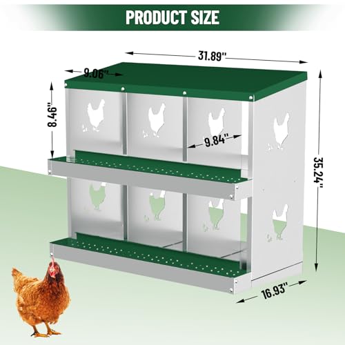 Garvee 6-Compartment Metal Chicken Nesting Box, Rustproof Galvanized Steel with Ventilated Holes, Removable Trays & Sturdy Bracket Legs, Easy Egg Collection - Green - color: Green, size: 6 Compartments