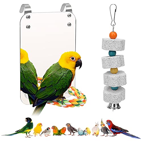 7" Bird Mirror for Cage, Parakeet Cockatiel Parrot Mirror with Rope Perch | Bird Swing Toys Parrot Grinding Stone with Bell for Parakeet Cockatoo Lovebirds Canaries
