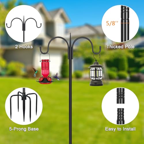 Small Shepherds Hook 63" Double Hooks Adjustable (47/63") - Alloy Steel 5-Prong Base, 12lb Capacity - Easy Assembly Bird Feeder Pole for Hanging Planters, Lanterns, Wind Chimes - color: 1-Pack, size: 63" Double Hook