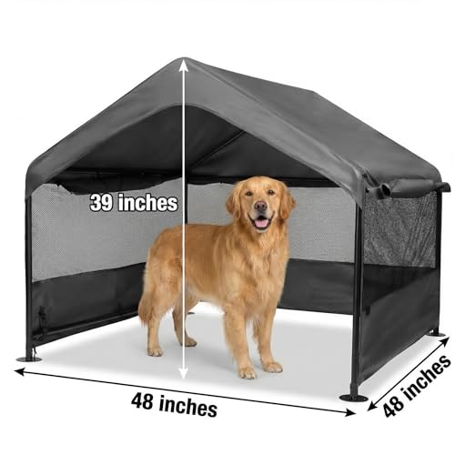 Outdoor Dog Tent, 4'x4'x3' Dog House Shade Shelter for Large Medium Pets | Outside Sun Rain Waterproof Dog Canopy with Three-Sided Breathable Mesh Windows, Livestock House with Ground Nails, Dark Gray - color: Dark Gray (Breathable Mesh Windows)