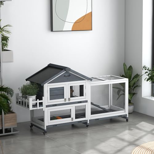 PawHut 65" Wooden Rabbit Hutch Guinea Pig Hutch Openable Roof Wheels Gray | Pet Playpen, Bunny House Enclosure, Storage Box, Slide-out Tray, Ramp, for Rabbits Chickens Ducks