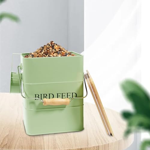 Morezi Bird treat and food storage tin with wooden lid and scoop included - green powder - carbon steel - birds food bin - pet food container storage canister - color: Green wood lid