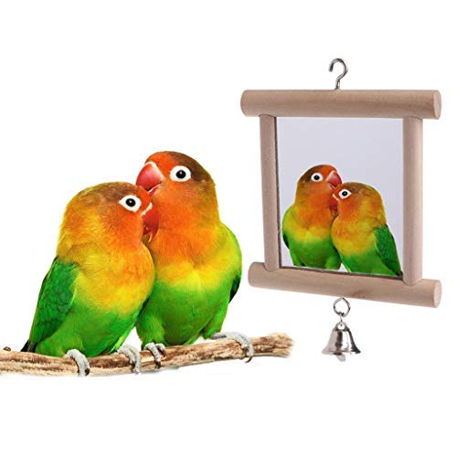 Litewoo Bird Mirror with Bell Parrot Swing Interactive Play Toys, 1PC | Natural wood, with bell, 5.91"x3.94", reduces loneliness, easy hang on cages, for small bird/parakeet/conure/lovebird - color: Bird Mirror with Bell-2 PCS