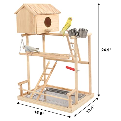 HiCaptain Large Bird Playground, 3 Layers Cockatiel Playground, Pet Parrot Playstand Gym Wooden Playpen Birds Play Stand with Nesting Box, Ladder, Feeder Cups