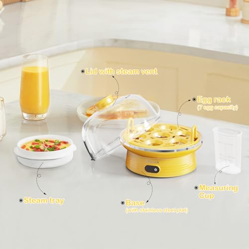 Macook Easter Rapid Egg Cooker with Touchscreen – 7-Egg Capacity, Soft/Medium/Hard-Boiled, Auto Shut-Off, BPA-Free & Dishwasher-Safe Parts, Measuring Cup Included (Yellow) - color: Yellow