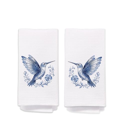 Blue and White Chinoiserie Floral Hummingbird Kitchen Towels Set of 2, Hummingbird Gifts for Women Hand Towels for Bathroom Kitchen, Spring Bird Decorative Dish Tea Towel Dishcloth661 - color: Hcolor012