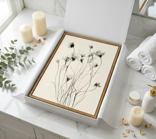 Floating Framed Vintage Wildflower Canvas Wall Art, Black White Line Sketch Flower Painting Picture Wall Decor, Neutral Rustic Boho Poster Print Artwork for Living Room, Home Decoration 8x10in - color: Flower sketch, size: 10"L x 8"W