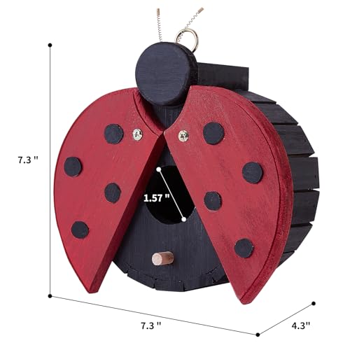 Ladybug-Shaped Wooden Bird House for Outside - Cute Hanging Birdhouse for Finches, Wrens, Cardinals, Bluebirds - Weather-Resistant Wild Bird Nesting Box - Garden Decor & Wildlife Habitat