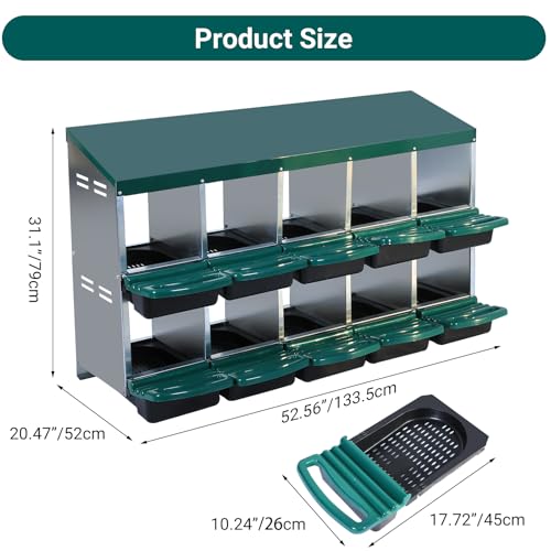 GarveeHome 2-Tier Chicken Nesting Box, 10 Compartment Metal Chicken Laying Boxes with Waterproof Roof ＆ Removable Trays for Hens, Poultry，Easy Egg Collection - color: Green, size: 54.9"L x 17.7"W x 8.1"H