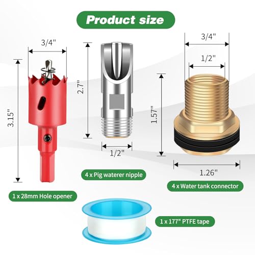 4 Pack Pig Waterer Nipples, Stainless Steel Hog Waterer Kit | 4 Pack Pig Nipple Waterer Kit, Brass Tank Connectors, Touch-Activated Flow, PTFE Tape and Hole Opener, Pigs and Goats