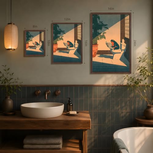 GELDSTEI Wood Framed Funny Frog Reading Vintage Bathroom Wall Art 8x10 in | Vintage Japanese Style Frog Reading On Toilet Art Print, Playful Farmhouse Wall Decor for Bathroom and Powder Room - color: Frog, size: 10"L x 8"W