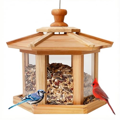 Solution4Patio Bird Feeder for Outdoors - USA Cedar Hexagon Gazebo Bird Feeders with Vented Mesh Tray, Easy-Clean & Fill Design 9.6" Dia. X 8.7" H 3.2-lb Capacity - style: Hexagon Gazebo