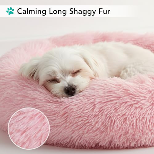 PetAmi Calming Donut Dog Bed, Washable Faux Fur, 23 Inch Small, Pink | Warm Shaggy Faux Fur and A Deep Nest Help Anxious Pets Curl Up and Sleep Soundly. Perfect for Puppies, Cats, and Rescues. - color: Pink, size: Small - 23"