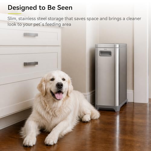 EKO 45 lb Airtight Dog Food Storage Container, Stainless Steel Pet Food Container for Kibble, Cat Food & Bird Seed, Lockable Lid, Magnetic Scoop, BPA-Free Inner Bucket, Wheels