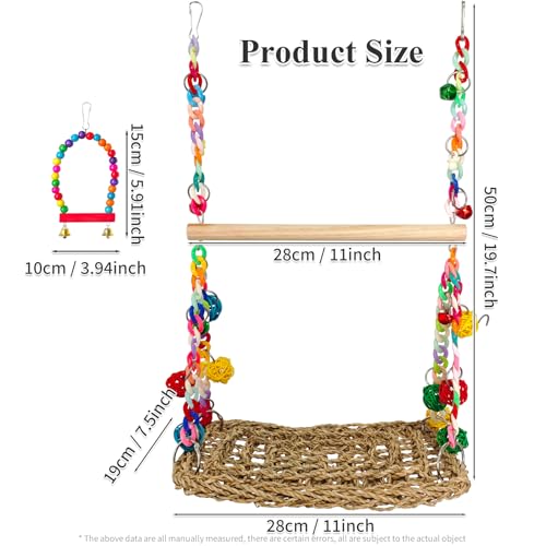 Natural Bird Swing Toys with Wood Perch, Double Layer Bird Seagrass Woven | Climbing Hammock with Chewable Perch Stand Chewing Toy for Parakeets, Budgies, Conures, Cockatiels, Lovebirds