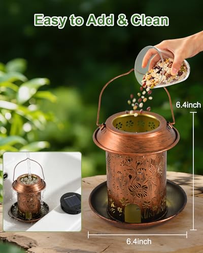 Solar Bird Feeder for Outdoors, Hanging Metal Bird Feeders with Flying Bird Carved Design, Auto-On Night Light, for Hummingbirds Cardinals Orioles Finches Bluebirds, Unique Gift for Bird Lovers - size: 6.4”