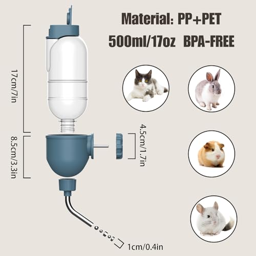Pet Water Bottle for Cage Crate 17oz Non-Drip Water Dispenser for Small Animal Rabbit Bunny Guinea Pig Chinchilla Ferret Squirrel Hedgehog (Blue, 17oz) - color: Blue, size: 17oz