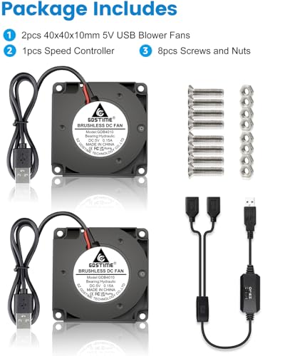 GDSTIME 40mm USB Blower Fan with 3 Speed Control, DC 5V Powered, 2-Pack | Hydraulic Bearing, L/M/H Adjustable, 40x40x10mm, 4010, Micro 5 Volt, Brushless Turbo, for Small Electronics DIY Cooling - size: 40x10mm