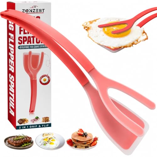 Silicone Egg Flipper Spatula Tongs (Set of 1) – Non-Stick 2-in-1 Grip & Flip Kitchen Tongs for Pancakes, Fish, Eggs, and More – Heat Resistant Cooking Tool (Red) - color: Red