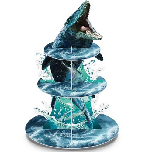 3 Tier Dinosaur Party Decorations Mosasaurus Dinosaur Cupcake Stand Decoration Mosasaurus Theme Cupcake Tower Cake Holder Table Display for Jungle Ocean Themed Birthday Party Supplies - style: Mosasaurus