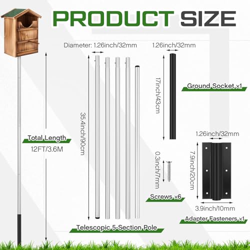 Yaocom Owl House with 12ft Pole Wooden Waterproof Nesting Box Outside | Screech Owls Guard Entry, Ground Socket Screws Included, For Kestrels Martins Bats, Prebuilt Ready Outdoor