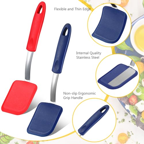 Silicone Cookie Spatula Turner 2 Pack Mini Brownie Spatula Flexible Kitchen Small Silicone Turner for Nonstick Cookware Heat Resistant No Scratch Flipper for Egg(Solid Flat,Red,Blue) - color: Red,Blue