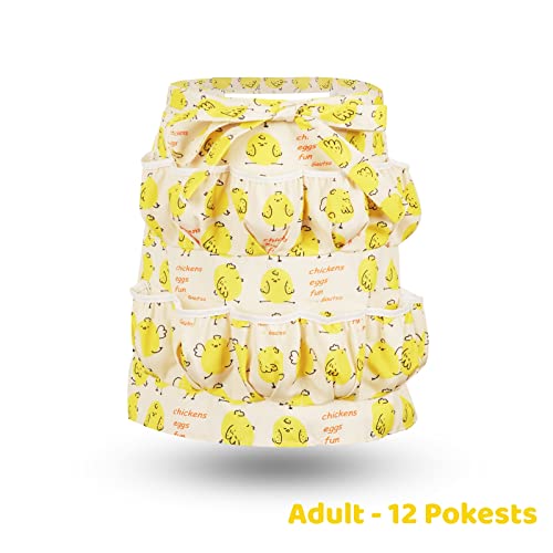 Egg Apron for Kid and Adult, Deep Pockets with Elastic Closure | Long Ties to Wrap Around and Tie In Front, Yellow Chick Printed, Egg Collect Gather Hold Apron - color: Yellow for Adult