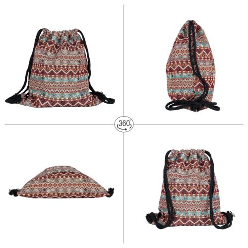 Van Caro Bohemian Drawstring Backpack Light Cinch Bag Gym Sack String Bag - color: D-black