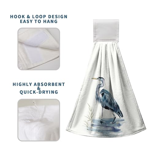 Blue Heron Coastal Hanging Hand Towels Set of 2 Summer Nautical Ocean Beach Themed Kitchen Towels with Hanging Loop Sea Bird Pelican Dish Towel Soft Absorbent Guest Fingertip Bath Towel for Bathroom - color: Blue Heron-b