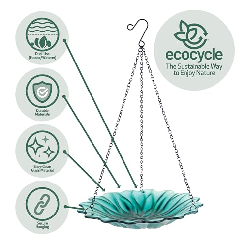 11" Recycled Glass Hanging Combination Bird Feeder and Bath for Wild Birds and Outdoor Décor, 0.625 Quart Capacity, Turquoise Dahlia Floral Design, Hanging Chains Included