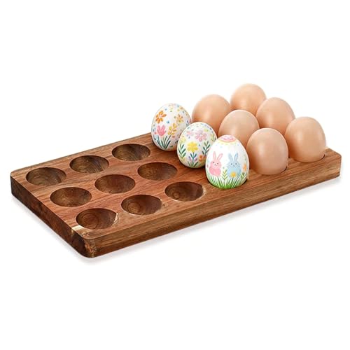 Acacia Wood Egg Holder for 18 Eggs, Rustic Countertop and Refrigerator Storage Tray, Farmhouse Kitchen Organizer with 1.5" Holes, Easy Clean Deviled Plates for Easter Decor,11.5" x 5.75" (1)