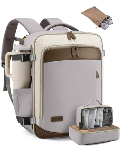 LOVEVOOK 50L Travel Backpack Carry On Airline Approved, Large Backpack with 3 Packing Cubes, TSA Travel Essentials Carry On Bag, Waterproof Weekender Overnight Luggage Daypack, Fits 18 Inch Laptop - color: H-grey-beige-hkaki, size: XLarge - 18.5 Inch - 50