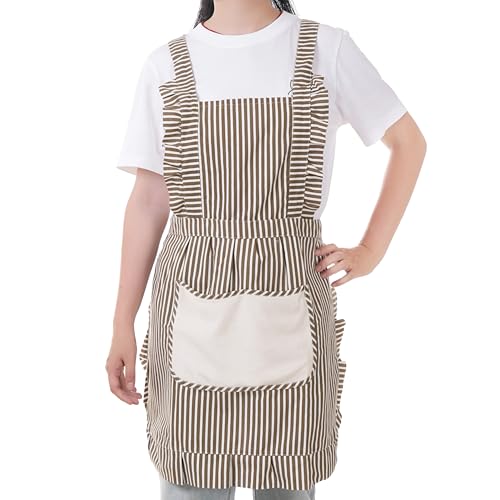 Cute Cotton Apron for Women, Adjustable Bib Cooking Kitchen Aprons with Pockets for BBQ Drawing Baking - color: Brown