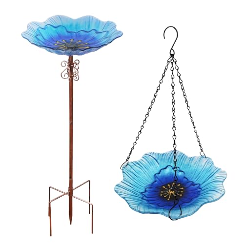 hogardeck 2 in 1 Floral Glass Bird Bath & Feeder - Hanging or Freestanding Outdoor Bird Bath with Sturdy 5-Pronged Base for Garden, Patio, Yard, Lawn Decor