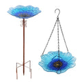 hogardeck 2 in 1 Floral Glass Bird Bath & Feeder - Hanging or Freestanding Outdoor Bird Bath with Sturdy 5-Pronged Base for Garden, Patio, Yard, Lawn Decor