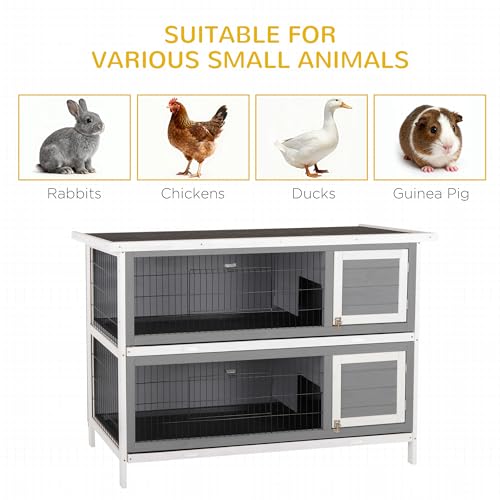 PawHut 54" 2-Story Large Rabbit Hutch Bunny Cage Wooden Pet House Small Animal Habitat with Lockable Doors, No Leak Tray and Waterproof Roof for Outdoor/Indoor Dark Grey | Wooden Pet House, Small Animal Habitat, No Leak Tray, Waterproof Roof, for Chickens