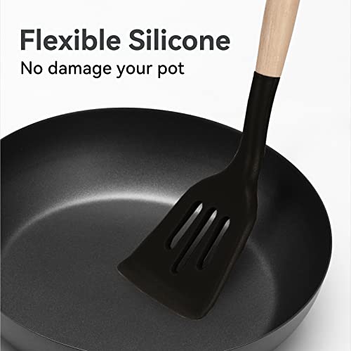 Non-Stick Silicone Cooking Utensils Set, 5 Pcs with Wooden Handle, Heat Resistant Silicone Kitchen Gadgets (Black) - color: 5 PCS Set Black