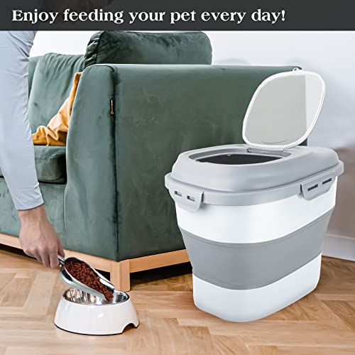 TIOVERY Dog Food Storage Container, Airtight Collapsible 13lb to 30lb Pet Food Container with Flip Top, Rolling Wheel, Scoop and 3L small container for Dog Cat Food and Dry Food of Rice, Flour - color: Grey