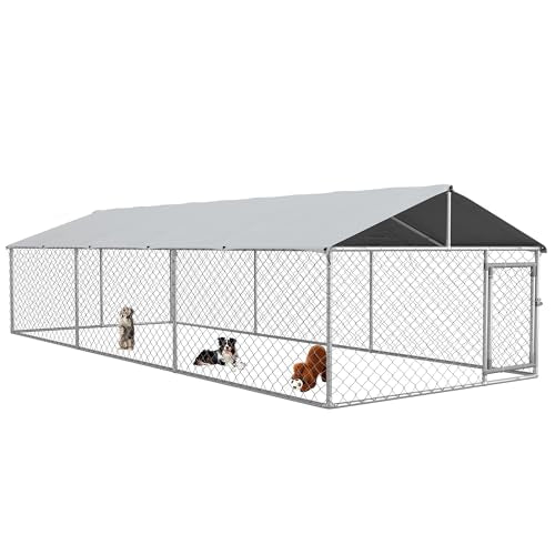 PawHut Outdoor Dog Kennel, Heavy Duty Dog Run Outdoor Fence with Waterproof Cover, Galvanized Chain Link, Secure Lock, for Large Sized Breeds, Chickens, Ducks, 20' x 7.5' x 5' - size: 236.2"L x 90.6"W x 59.1"H