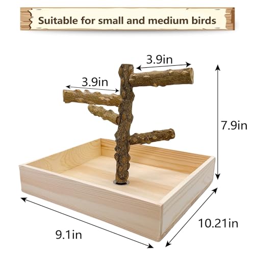 Natural Wood Bird Perch Stand Playground Parrot Toys Bird Cage Accessories | Portable Tabletop parrot perch with Potty Tray,Climbing Training Platform for Parakeets Lovebirds Canaries Cockatiels Conure