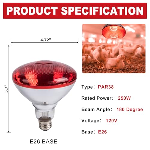 250W Chicken Heat Lamp Bulbs, PAR38 Heat Lamp for Chicks, Infrared Reflector Heat Bulb for Brooder Heater, Incandescent Heat Lamp for Pet, Bathroom, Food (2 Pack)