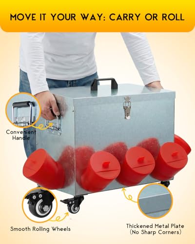Magicfly 40 lbs Chicken Feeder No Waste, Large Metal Chicken Feeder Box | 8 Bell-Mouth Feeding Port, with Handle and Wheels, Rat Proof Chick Feeder for Chickens, Ducks & Geese - size: 40 lb