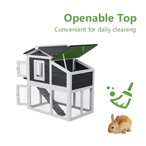 Wooden Rabbit Hutch Indoor,2 Story Bunny House | Openable Asphalt Roof, Removable Tray, Wire Fence, Lockable Doors, Access Ramp, Nesting Box - color: White