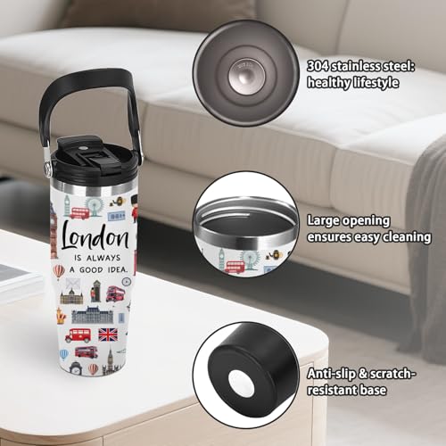 30oz London-Themed Gift Tumbler with Handle - Stainless Steel Travel Mug Featuring British Landmarks, Double Wall Thermal Cup for Tea & Coffee Lovers, Christmas Birthday Present for City Explorers - color: London1