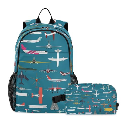 Airplane Plane and Aircraft Backpack with Lunch Bag, School Travel Backpack for Teens Boys Girls Kids Backpacks Set - color: Navy Blue