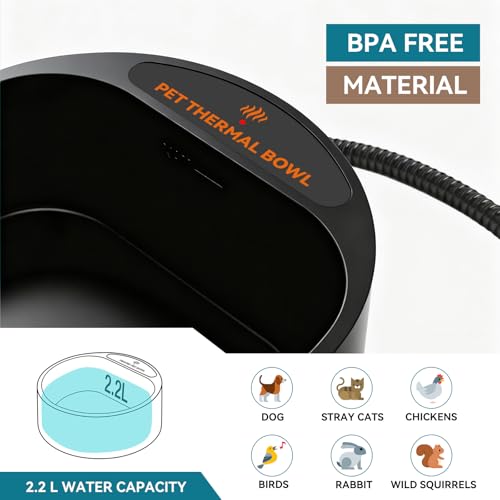 Outdoor Heated Water Bowl for Dogs Cats, 2.2L Winter Heating Dog Water Bowl Smart Thermal for Outdoor Chickens Rabbits Birds, Black, Winter Clearance 2026, Limited Stock - size: 2.2L(Black)